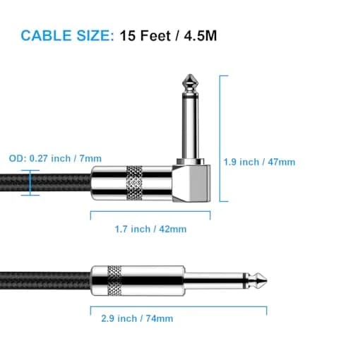 New Bee 15ft Black Right Angle Guitar Cable for Electric Instruments thumbnail 2