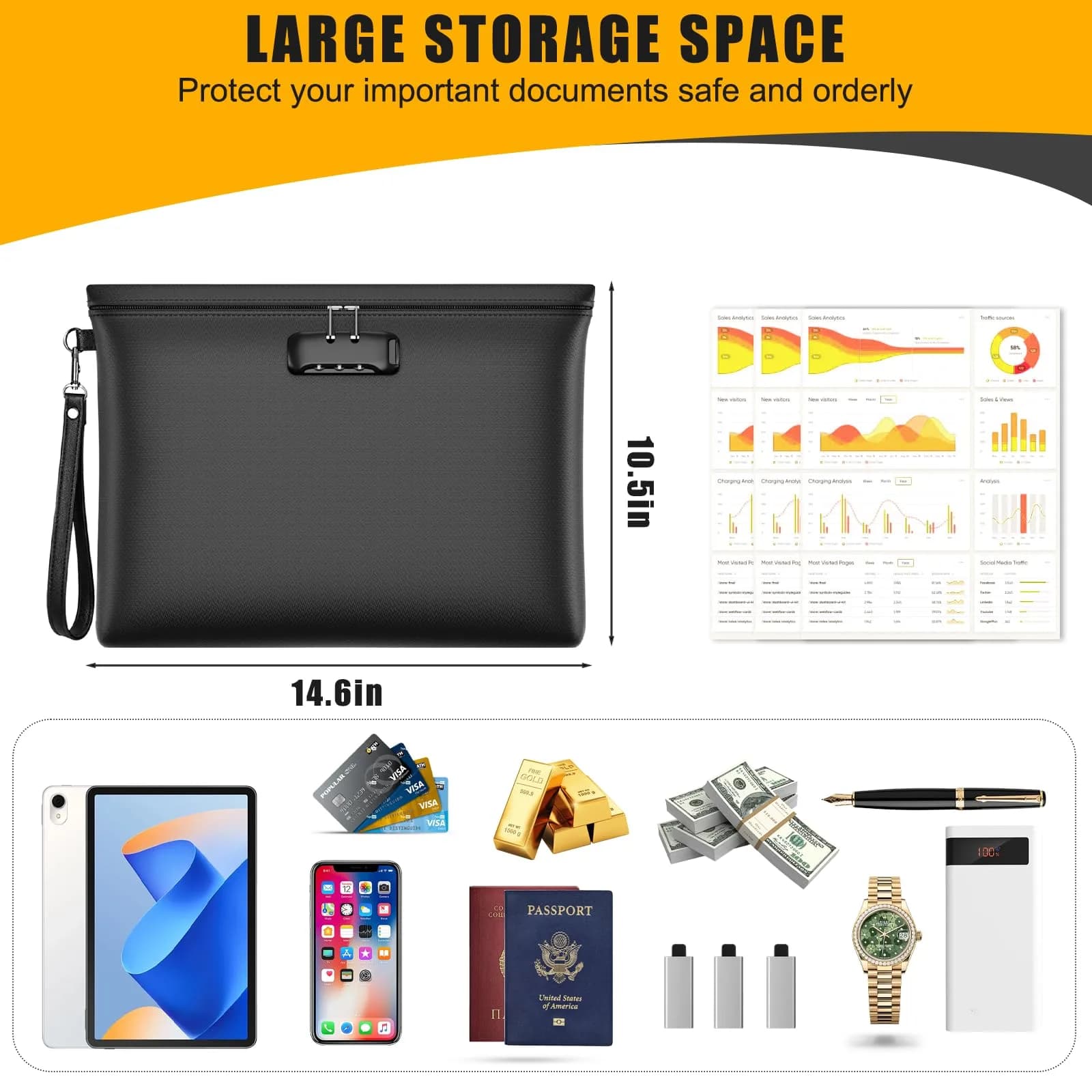 ZOOPIP Black Fireproof Money Bag with Lock, 14.6"x10.5" - Rated to 5200℉ | Secure Document Pouch - view 2