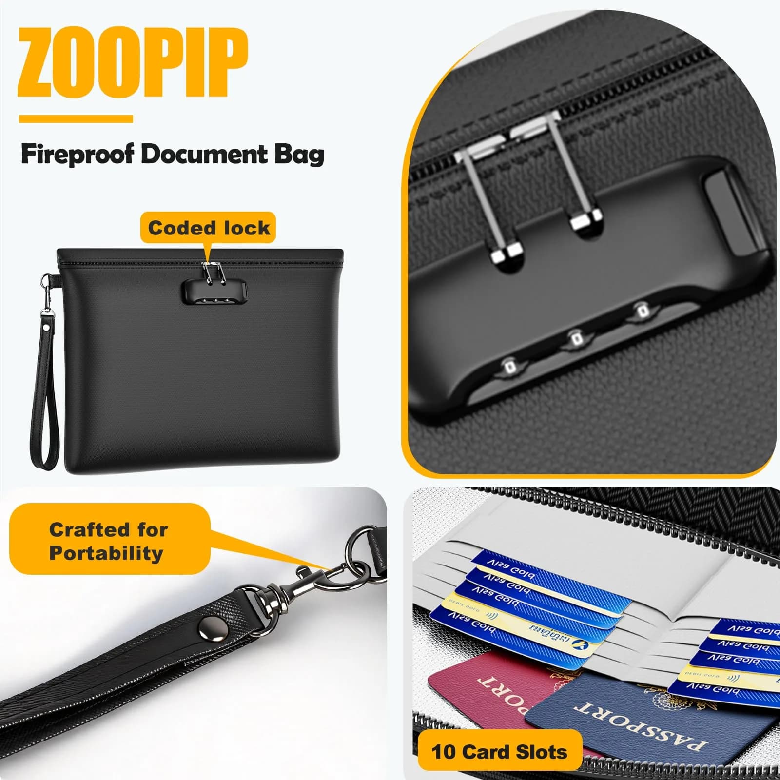 ZOOPIP Black Fireproof Money Bag with Lock, 14.6"x10.5" - Rated to 5200℉ | Secure Document Pouch - view 4