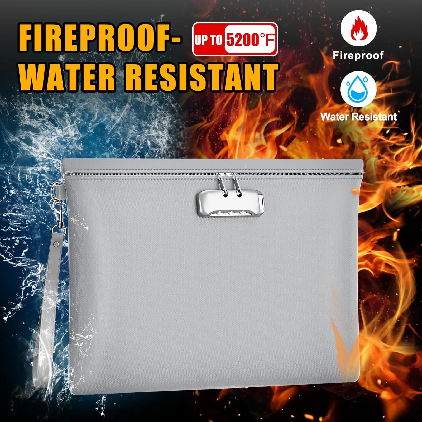 ZOOPIP Gray Fireproof Money Bag with Lock, 14.6"x10.5" - 5200℉ Rated Secure Document Pouch - view 2