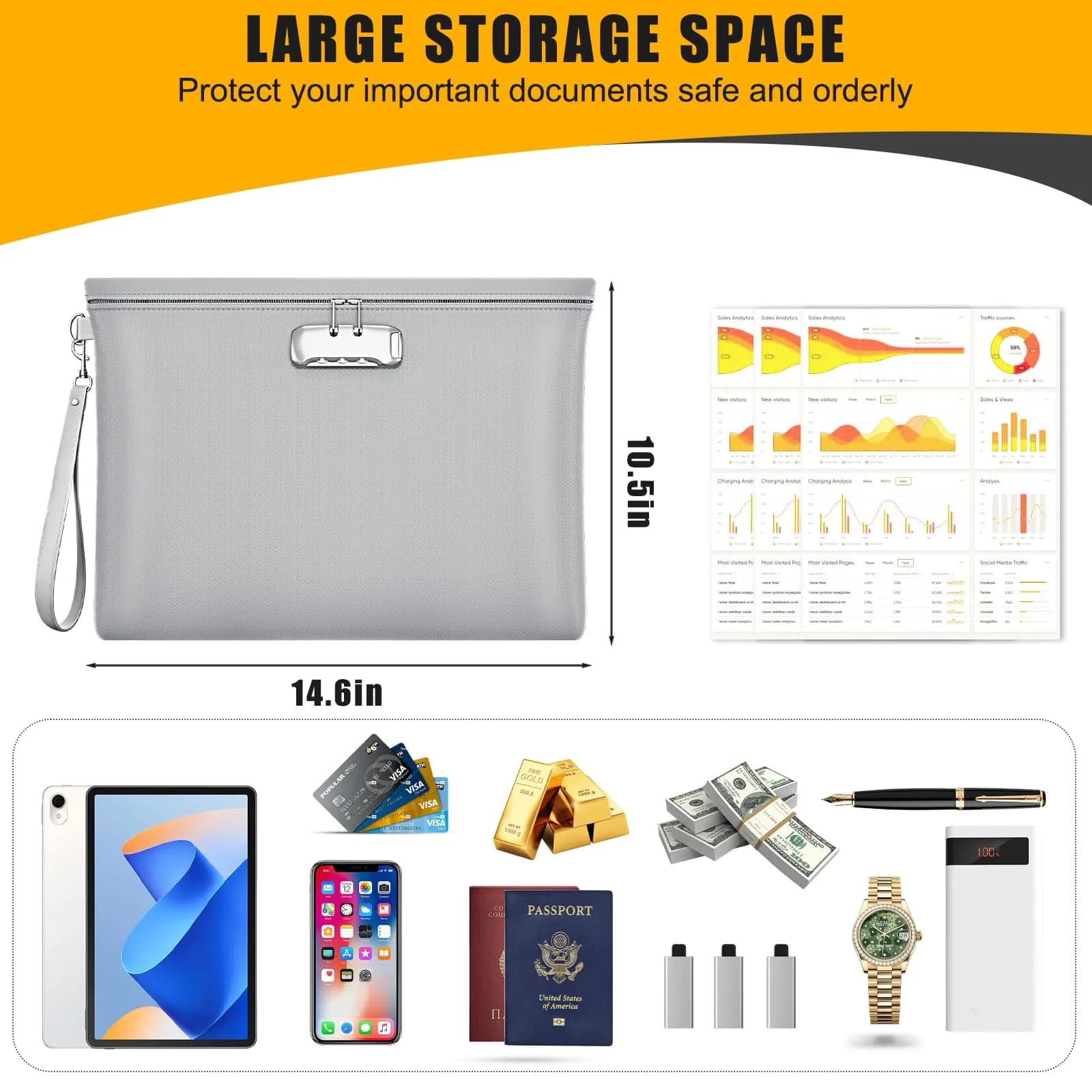 ZOOPIP Gray Fireproof Money Bag with Lock, 14.6"x10.5" - 5200℉ Rated Secure Document Pouch - view 3