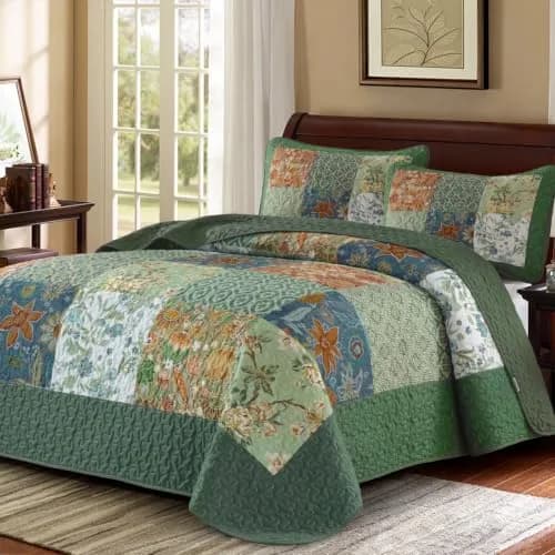 DJY Patchwork Quilt Set Queen Green Boho Rustic Floral Bedspread Coverlet | All-Season Microfiber Comfort thumbnail 1