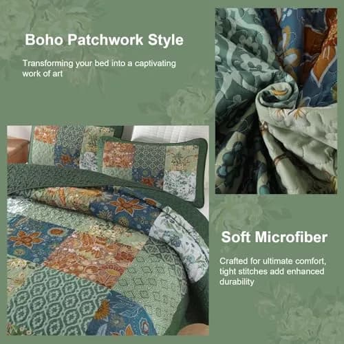 DJY Patchwork Quilt Set Queen Green Boho Rustic Floral Bedspread Coverlet | All-Season Microfiber Comfort thumbnail 4