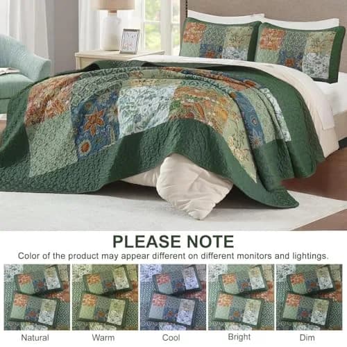 DJY Patchwork Quilt Set Queen Green Boho Rustic Floral Bedspread Coverlet | All-Season Microfiber Comfort thumbnail 6