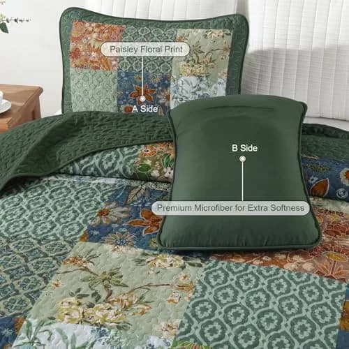 DJY Patchwork Quilt Set Queen Green Boho Rustic Floral Bedspread Coverlet | All-Season Microfiber Comfort thumbnail 7