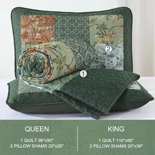 DJY Patchwork Quilt Set Queen Green Boho Rustic Floral Bedspread Coverlet | All-Season Microfiber Comfort thumbnail 8