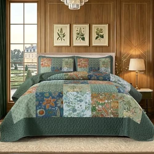 DJY Patchwork Quilt Set Queen Green Boho Rustic Floral Bedspread Coverlet | All-Season Microfiber Comfort thumbnail 2