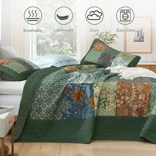 DJY Patchwork Quilt Set Queen Green Boho Rustic Floral Bedspread Coverlet | All-Season Microfiber Comfort thumbnail 3