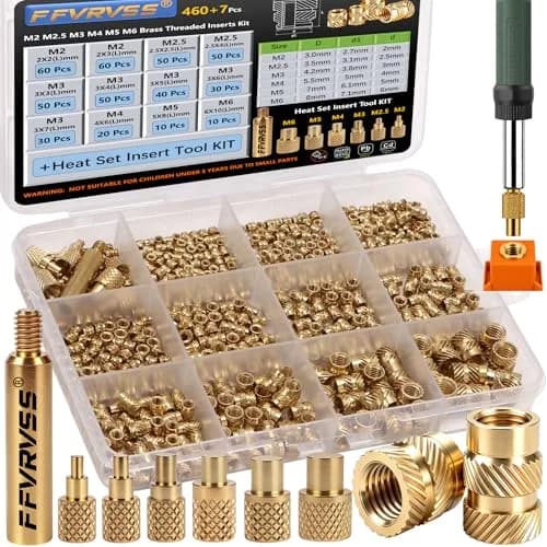 FFVRVSS Brass Threaded Inserts Kit M2-M6 (460+7Pcs) | Heat Set Tool Included for 3D Printing thumbnail 1