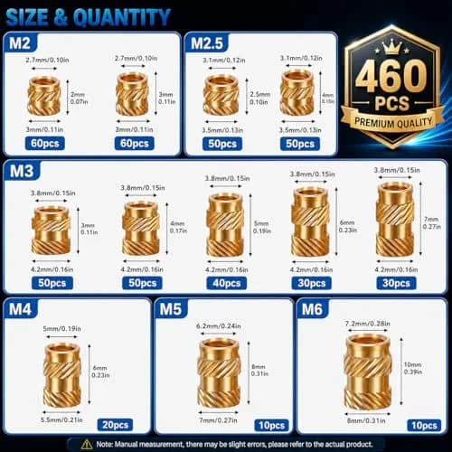 FFVRVSS Brass Threaded Inserts Kit M2-M6 (460+7Pcs) | Heat Set Tool Included for 3D Printing thumbnail 6