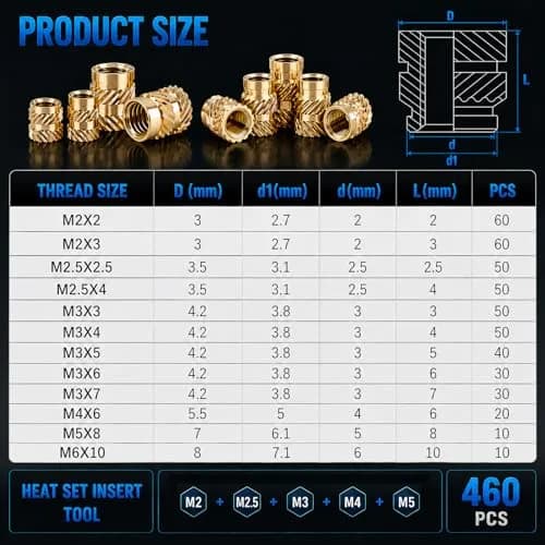 FFVRVSS Brass Threaded Inserts Kit M2-M6 (460+7Pcs) | Heat Set Tool Included for 3D Printing thumbnail 7