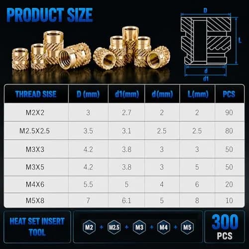FFVRVSS Brass Threaded Inserts Kit M2-M5 (300+6Pcs) | Heat Set Nuts for 3D Printing & Plastics thumbnail 7