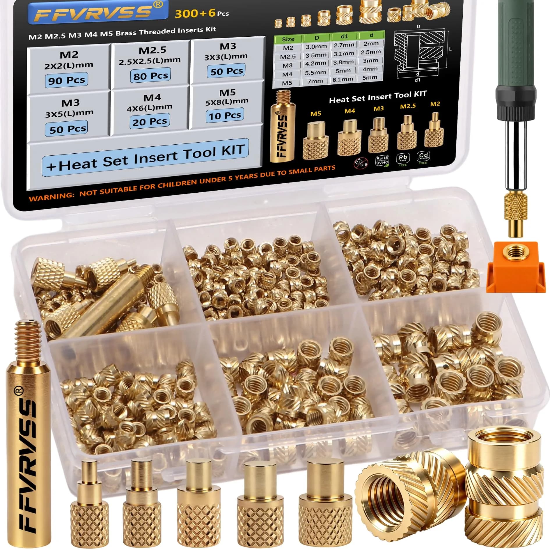 FFVRVSS Brass Threaded Inserts Kit M2-M5 (300+6Pcs) | Heat Set Nuts for 3D Printing & Plastics - main product image