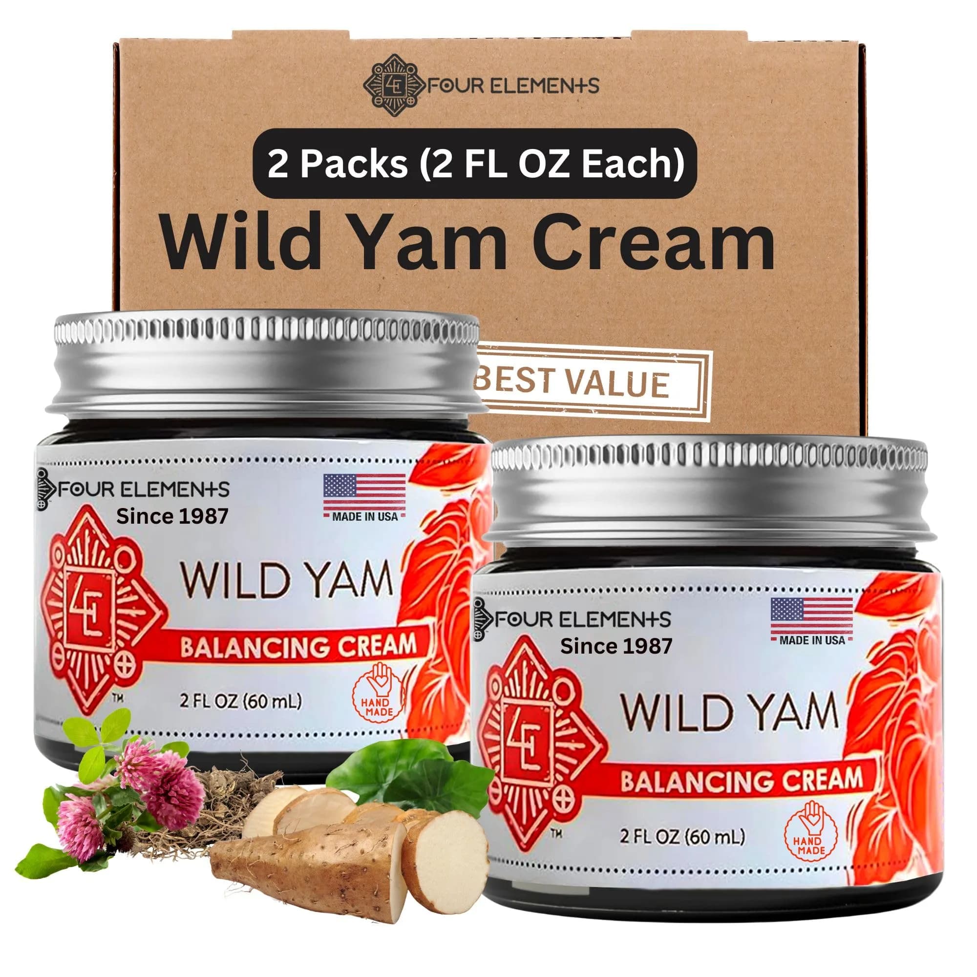 Four Elements 4E Wild Yam Balancing Cream 4 oz (2 x 2 oz) | Award-Winning Herbal Cream with Yam Root, Black Cohosh, Red Clover - main product image