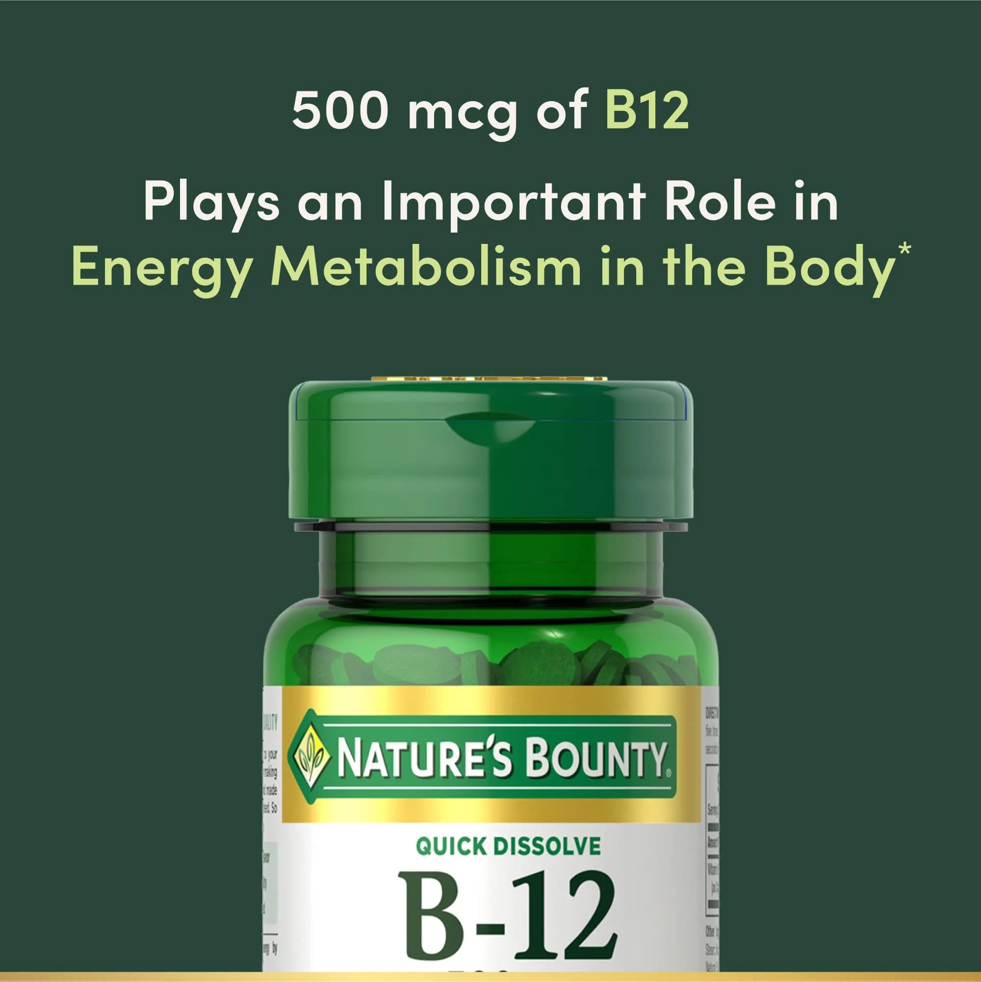 Nature's Bounty Vitamin B12 Quick Dissolve Tablets 500mcg Cherry Flavor | Supports Energy Metabolism & Nervous System Health (300 Tablets Total) - view 4