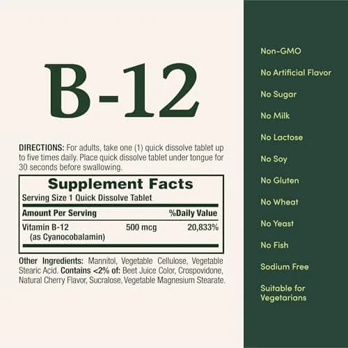 Nature's Bounty Vitamin B12 Quick Dissolve Tablets 500mcg Cherry Flavor | Supports Energy Metabolism & Nervous System Health (300 Tablets Total) thumbnail 6