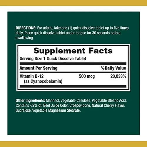 Nature's Bounty Vitamin B12 Quick Dissolve Tablets 500mcg Cherry Flavor | Supports Energy Metabolism & Nervous System Health (300 Tablets Total) thumbnail 2