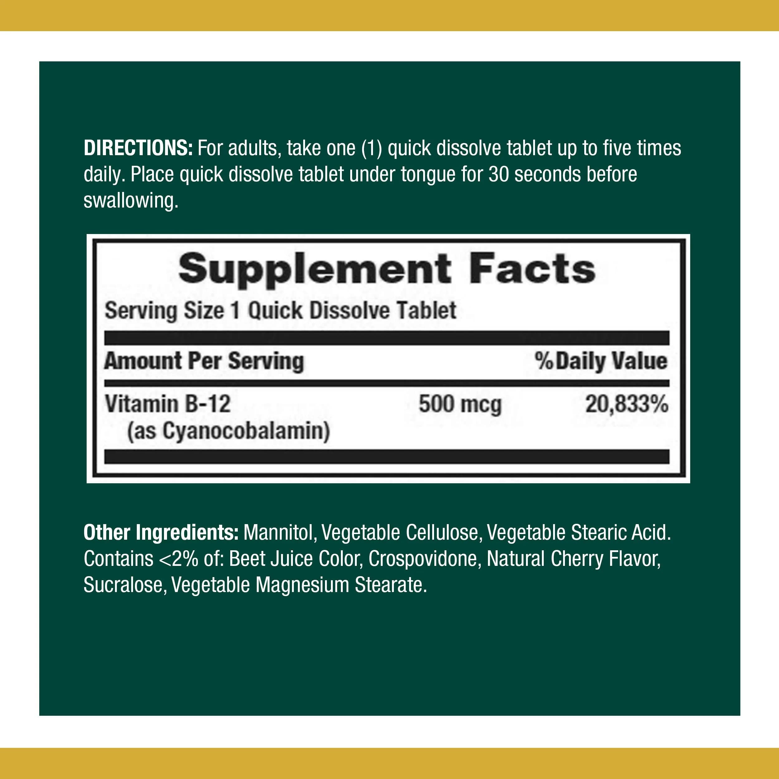 Nature's Bounty Vitamin B12 Quick Dissolve Tablets 500mcg Cherry Flavor | Supports Energy Metabolism & Nervous System Health (300 Tablets Total) - view 2