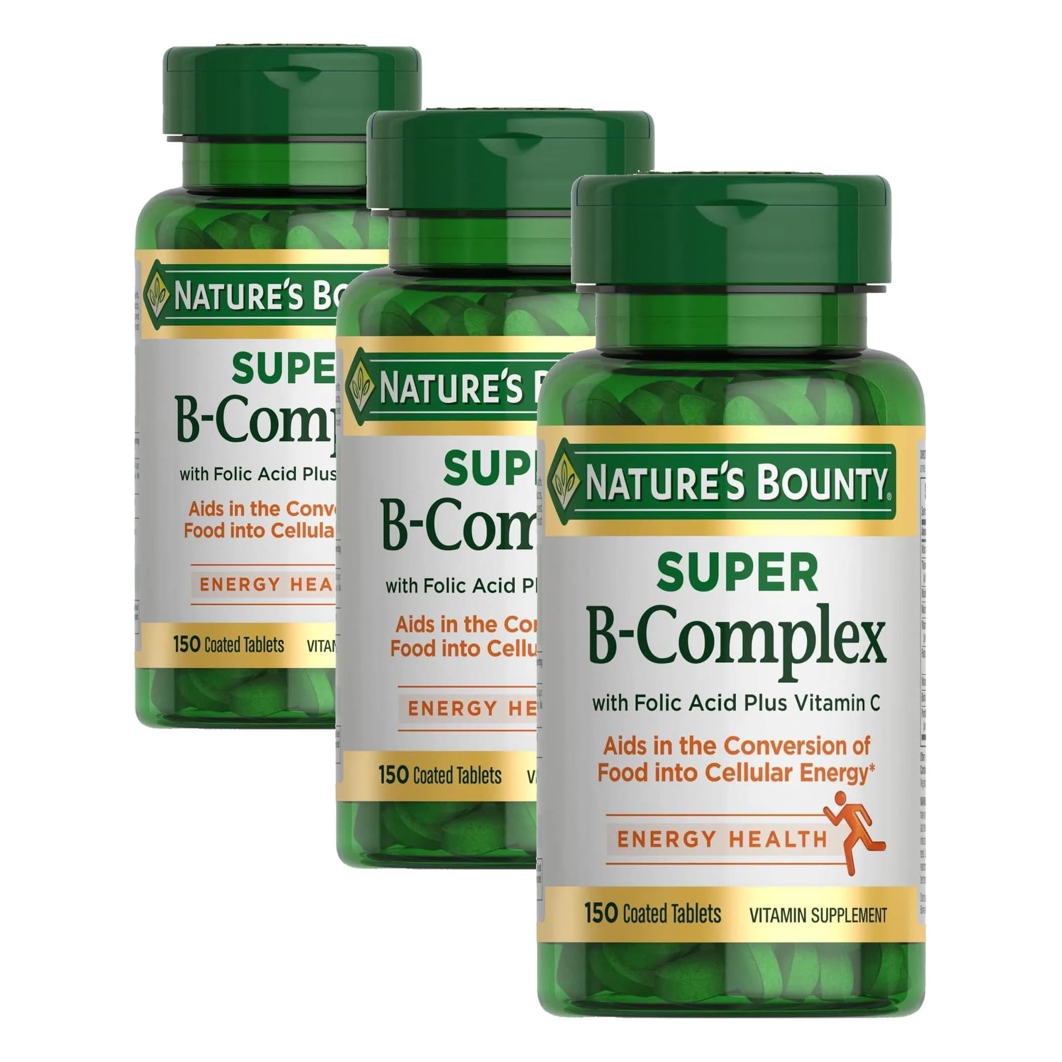 Nature's Bounty Super B Complex Vitamins with Vitamin C & Folic Acid, 150 Tablets (Pack of 3) | Supports Cellular Energy & Immune Health — White