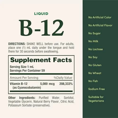 Nature's Bounty Vitamin B12 Sublingual Liquid 5000 mcg 177ml (6 Fl Oz) | Cardiovascular & Cellular Energy Support thumbnail 5