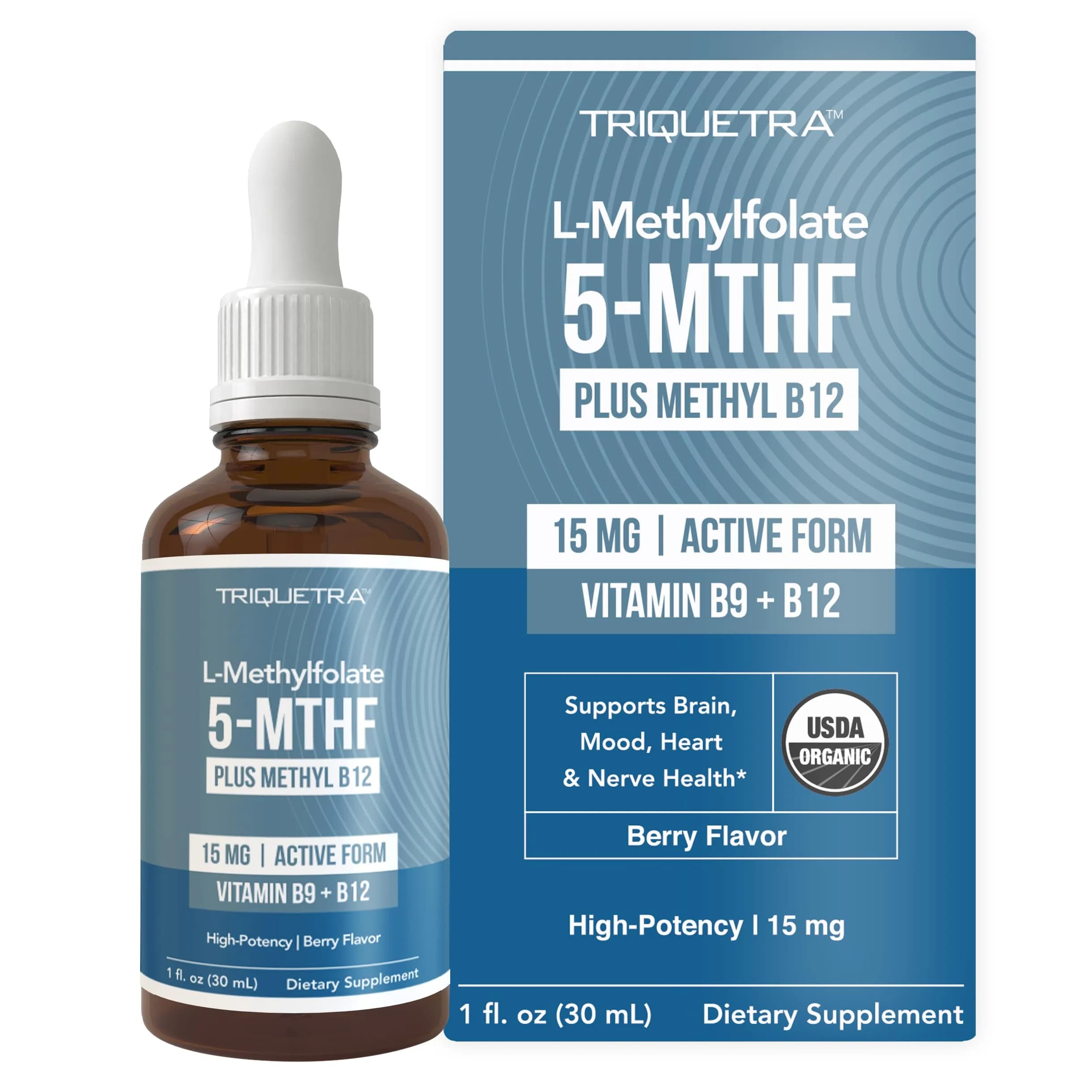 Triquetra Health L-Methylfolate 15mg Plus Methyl B12 Cofactor Capsules | Active Folate & B12 for Mood, Methylation, Cognition (60 Count) — Drop / 1 Fl Oz