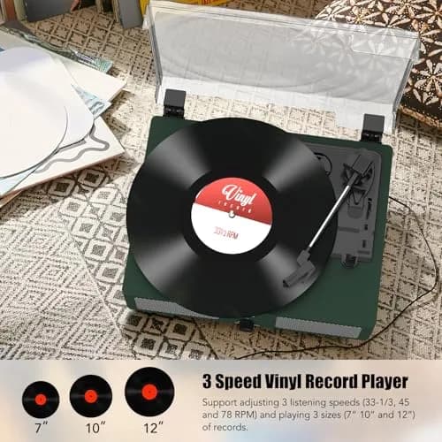 Udreamer Green Belt Drive Turntable with Speakers & USB | 3-Speed Vinyl Record Player thumbnail 4