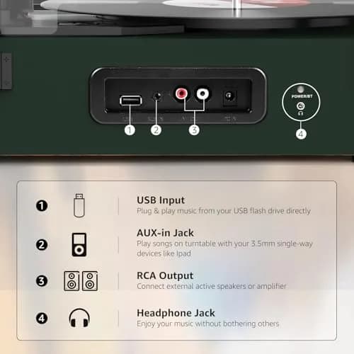 Udreamer Green Belt Drive Turntable with Speakers & USB | 3-Speed Vinyl Record Player thumbnail 5