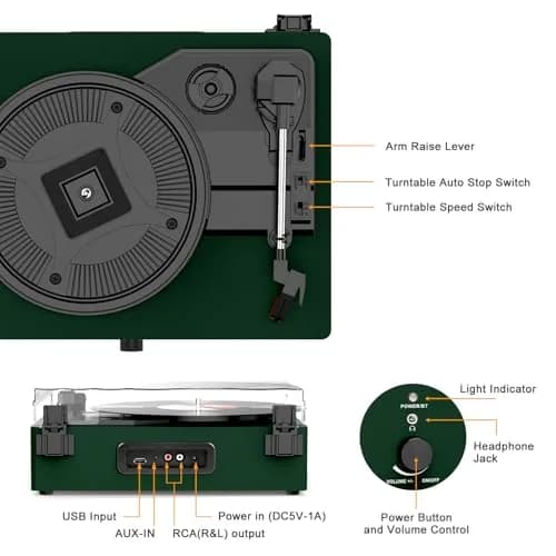Udreamer Green Belt Drive Turntable with Speakers & USB | 3-Speed Vinyl Record Player thumbnail 7