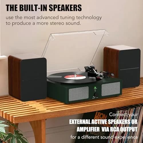 Udreamer Green Belt Drive Turntable with Speakers & USB | 3-Speed Vinyl Record Player thumbnail 3