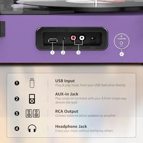 Udreamer Purple Vinyl Record Player with Built-in Speakers & Bluetooth, 3-Speed Belt Drive, 32.5cm (12.8") | Imported for India thumbnail 5