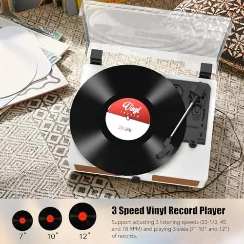 Udreamer White Vinyl Record Player with Speakers & USB | Belt Drive, 3 Speeds, Bluetooth thumbnail 4