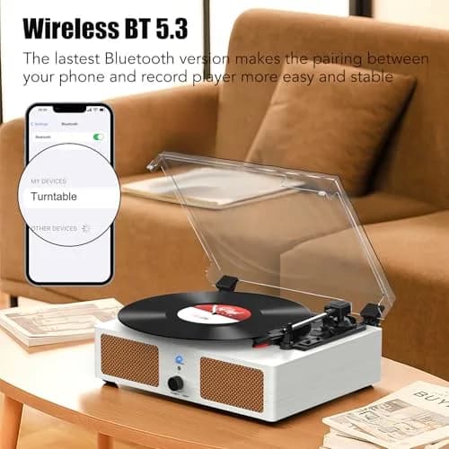 Udreamer White Vinyl Record Player with Speakers & USB | Belt Drive, 3 Speeds, Bluetooth thumbnail 2