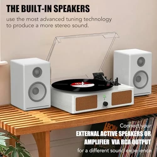 Udreamer White Vinyl Record Player with Speakers & USB | Belt Drive, 3 Speeds, Bluetooth thumbnail 3