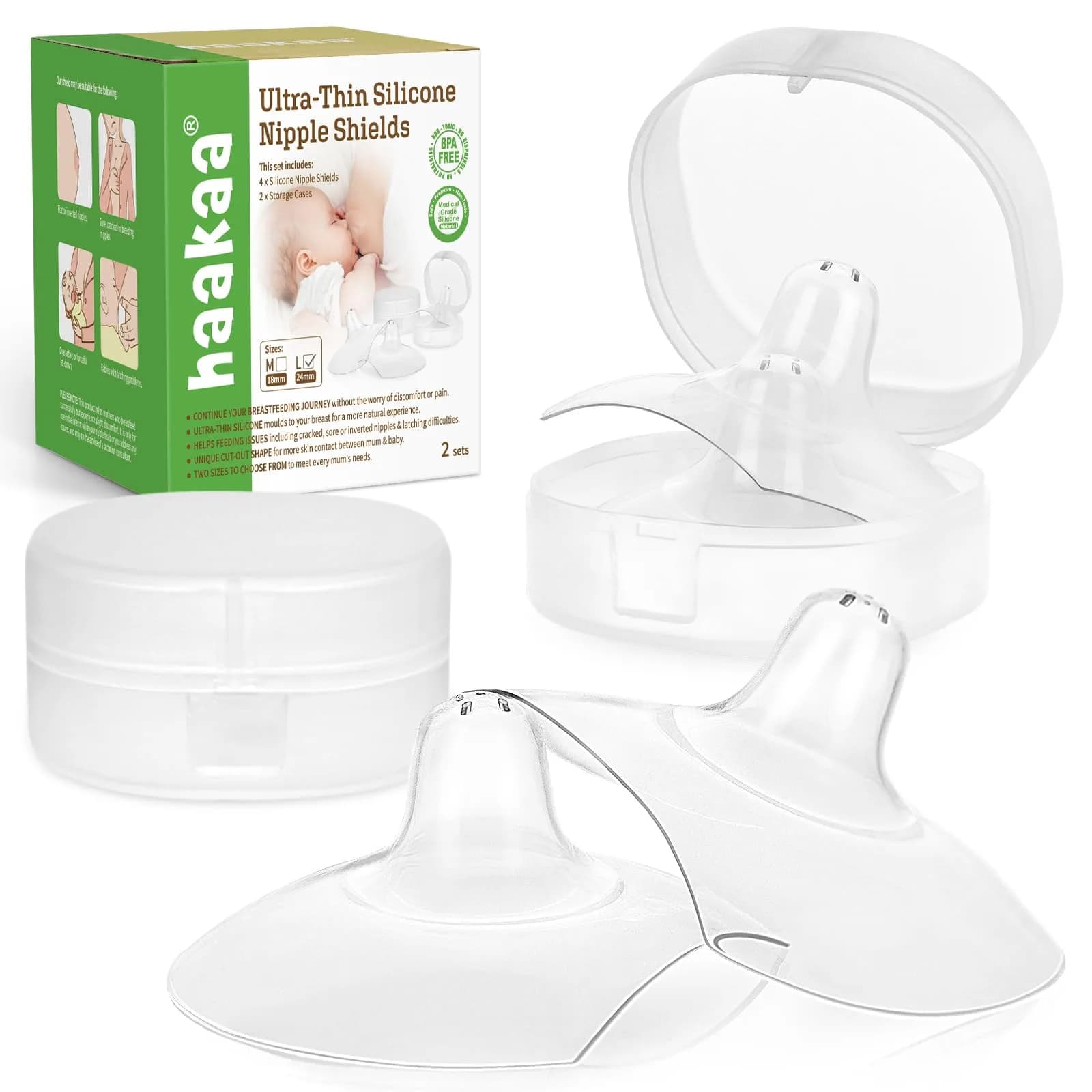 haakaa 24mm Silicone Nipple Shields for Breastfeeding (4 Pieces) with Carry Case - main product image