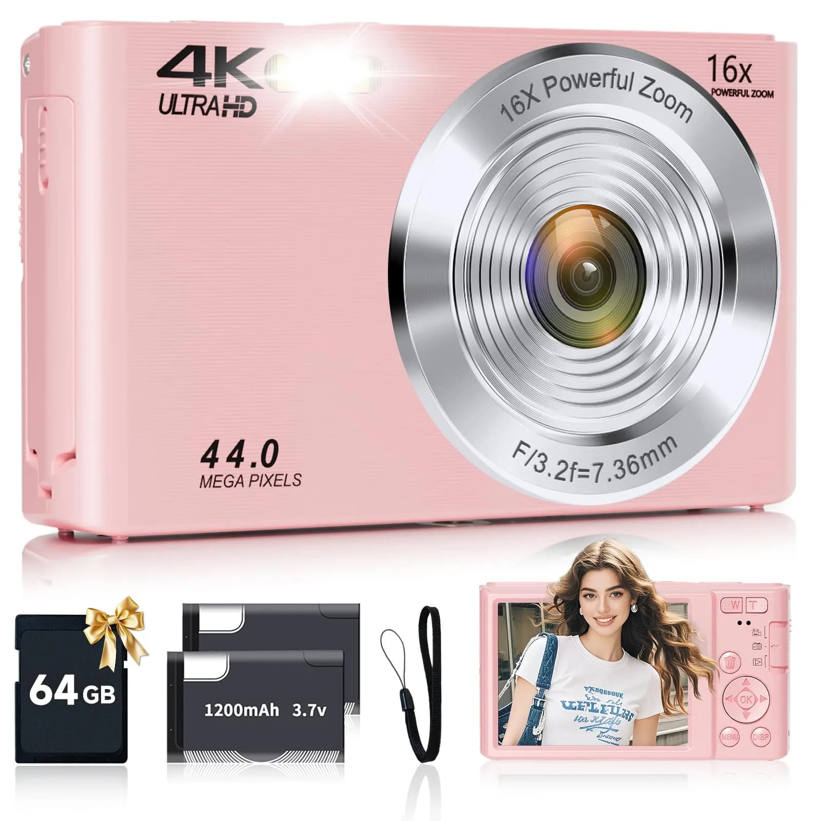 SMARTKLIK Pink Digital Camera 44MP 4K FHD | 16x Digital Zoom, 64GB SD Card Included - main product image