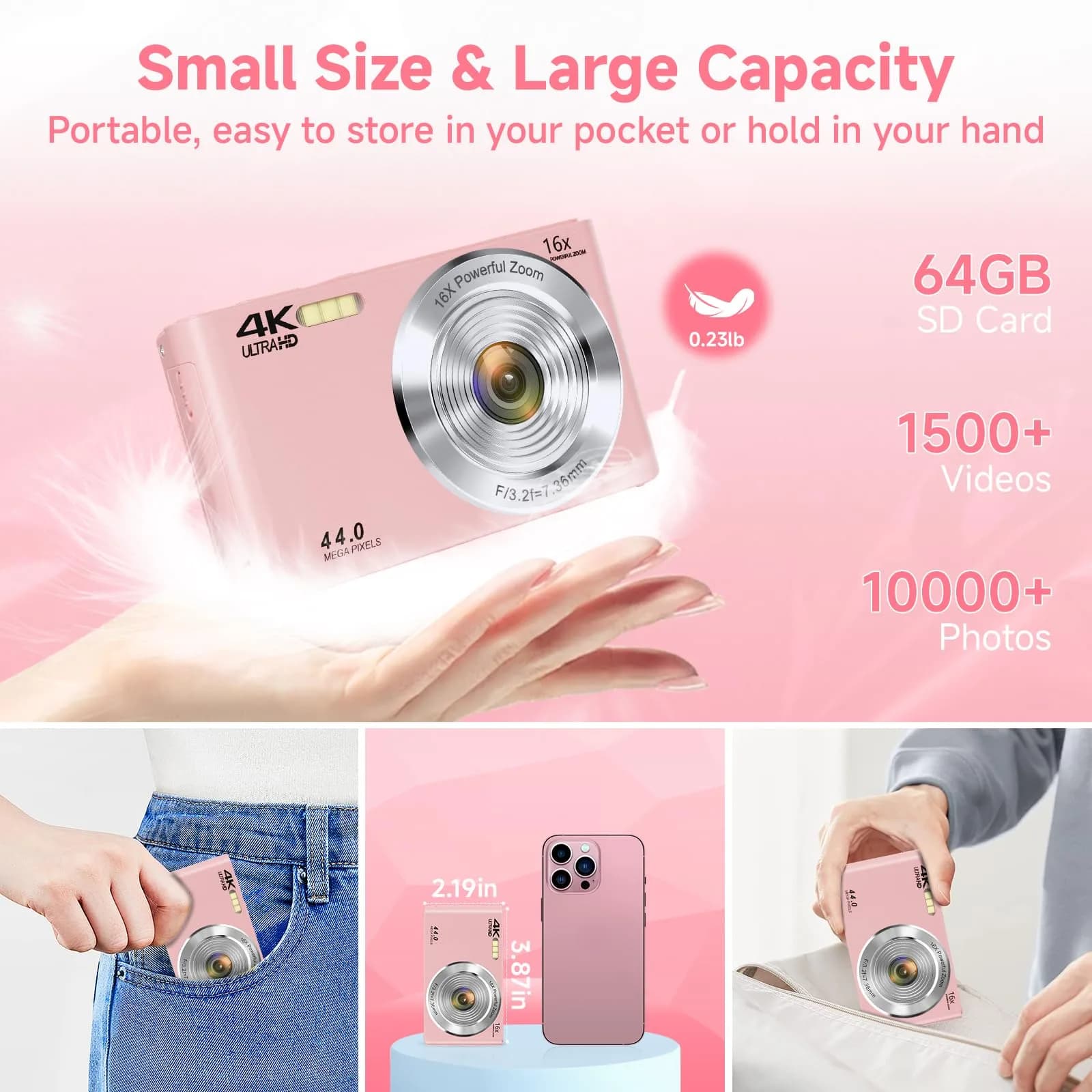 SMARTKLIK Pink Digital Camera FHD 4K 44MP | 2.8 inch LCD, 16x Digital Zoom, 64GB SD Card Included - view 5