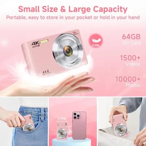 SMARTKLIK Pink Digital Camera FHD 4K 44MP | 2.8 inch LCD, 16x Digital Zoom, 64GB SD Card Included thumbnail 5