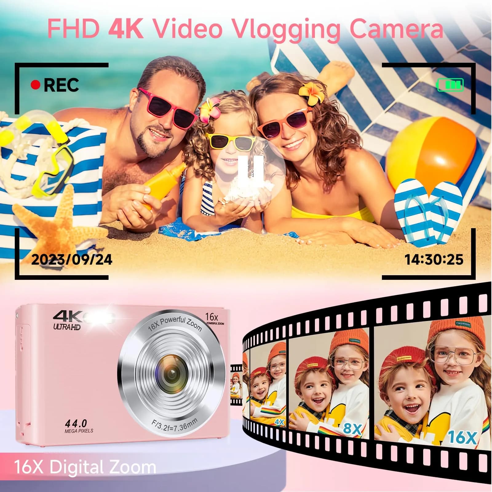 SMARTKLIK Pink Digital Camera 44MP 4K FHD | 16x Digital Zoom, 64GB SD Card Included - view 3