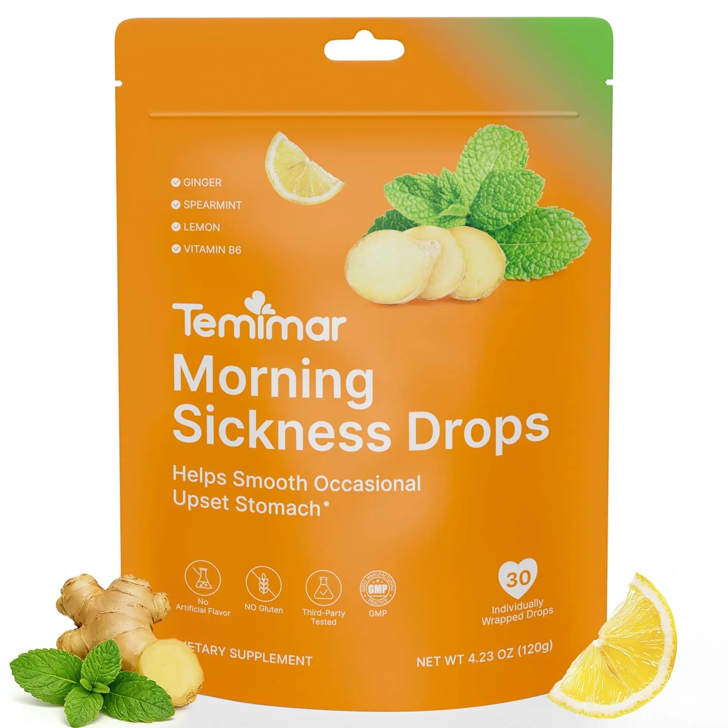 Temimar Morning Sickness Drops, Lozenges for Pregnancy & Motion Sickness, Ginger & Vitamin B6, 30 pcs | Fast Relief — Morning Sickness