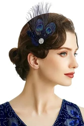 BABEYOND Peacock Feather Hair Clip with Rhinestones | 1920s Peacock Flapper Fascinator, One Size Fits Most, Navy Blue thumbnail 1