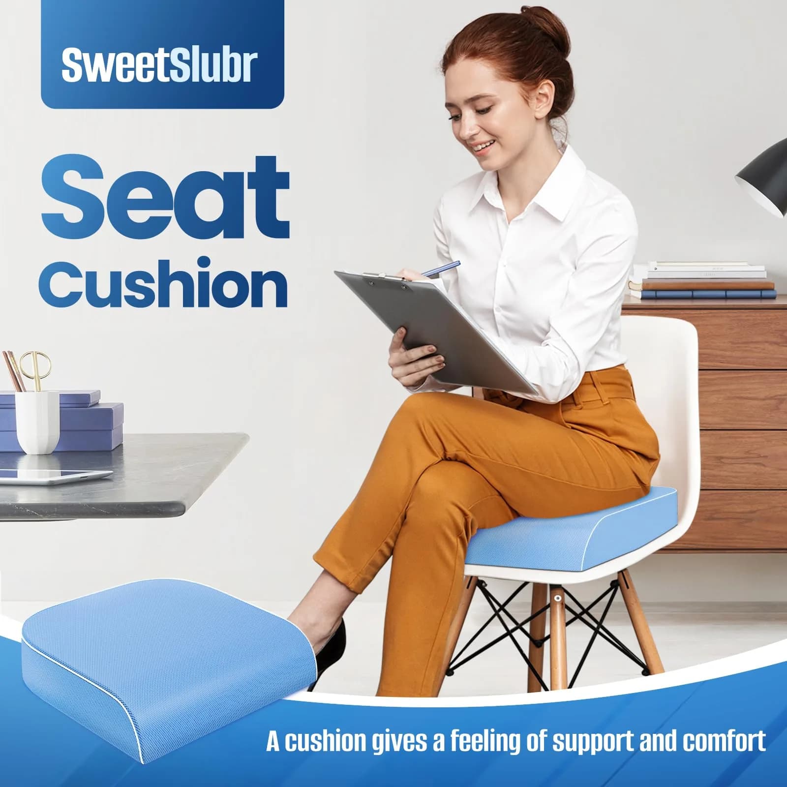 SweetSlubr Light Blue Memory Foam Seat Cushion 2X-Large | Tailbone Pain Relief for Office Chairs - view 3