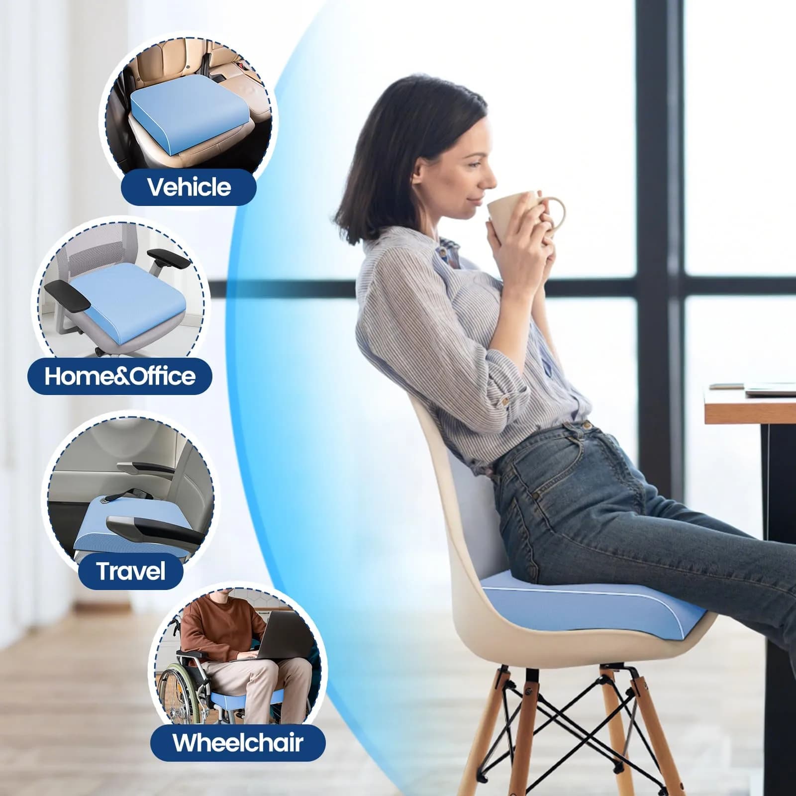 SweetSlubr Light Blue Memory Foam Seat Cushion 2X-Large | Tailbone Pain Relief for Office Chairs - view 5