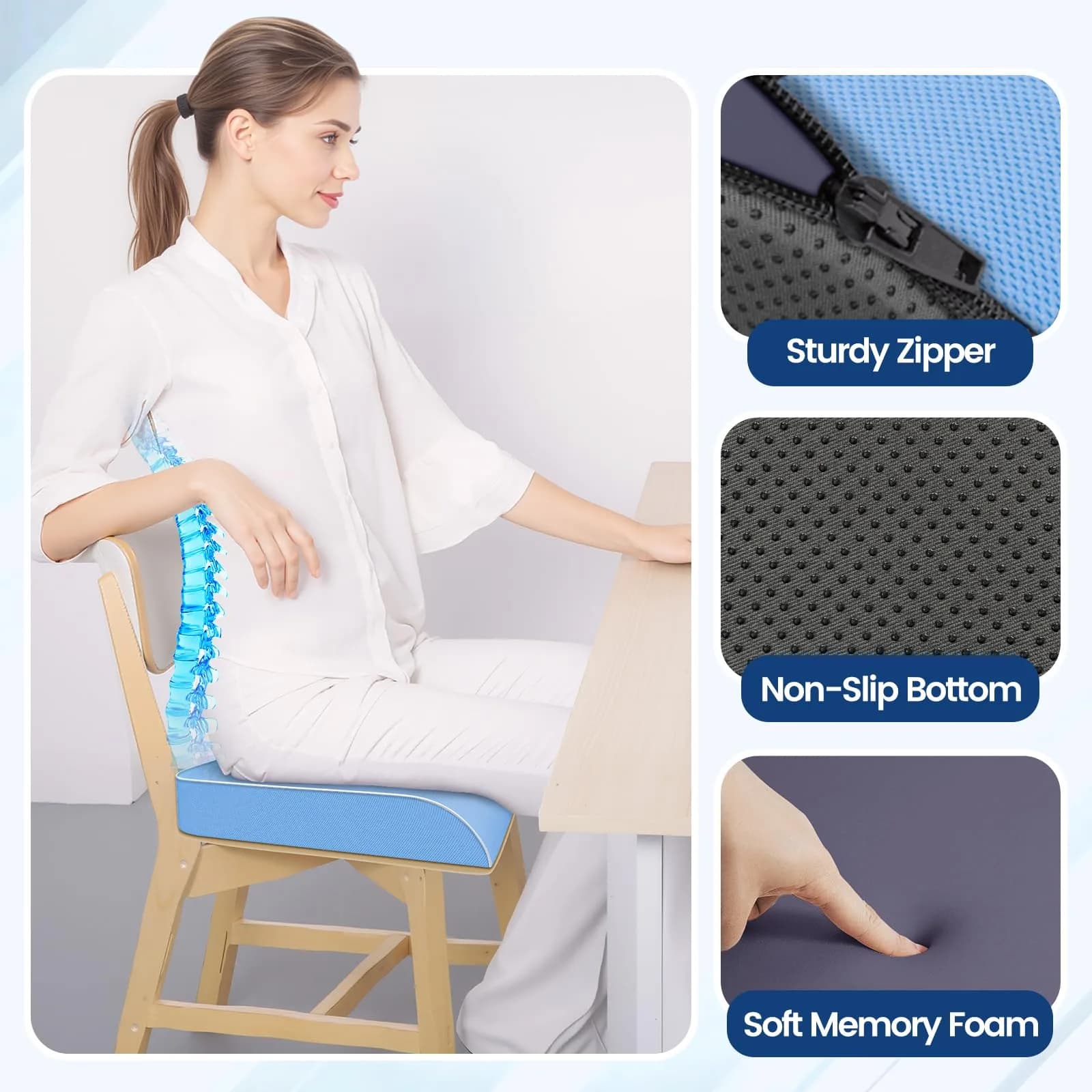 SweetSlubr Light Blue Memory Foam Seat Cushion 2X-Large | Tailbone Pain Relief for Office Chairs - view 6