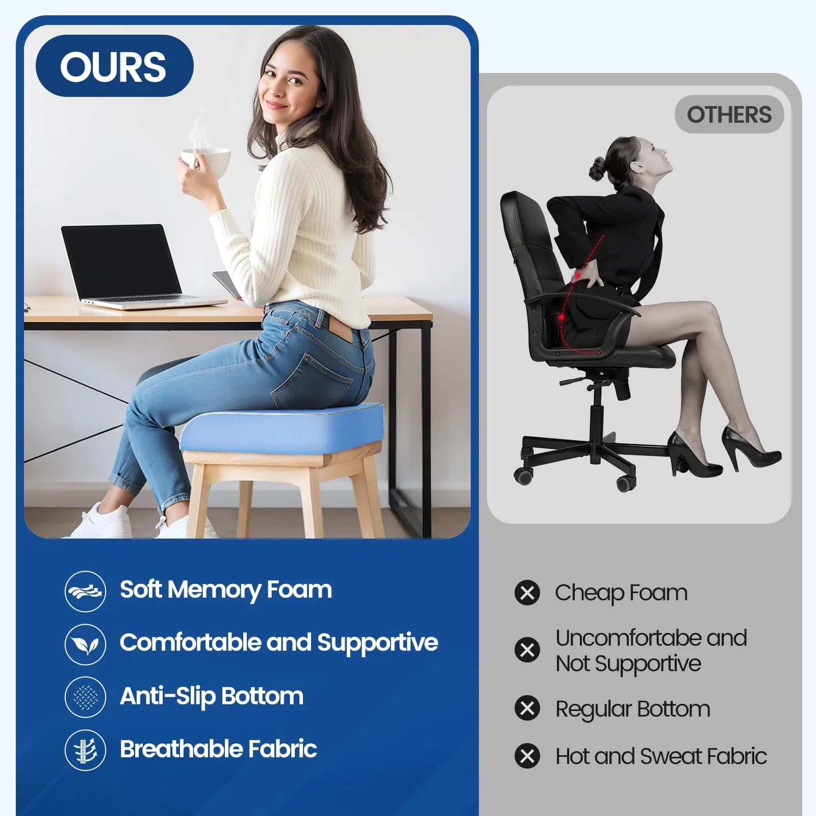 SweetSlubr Light Blue Memory Foam Seat Cushion 2X-Large | Tailbone Pain Relief for Office Chairs - view 7