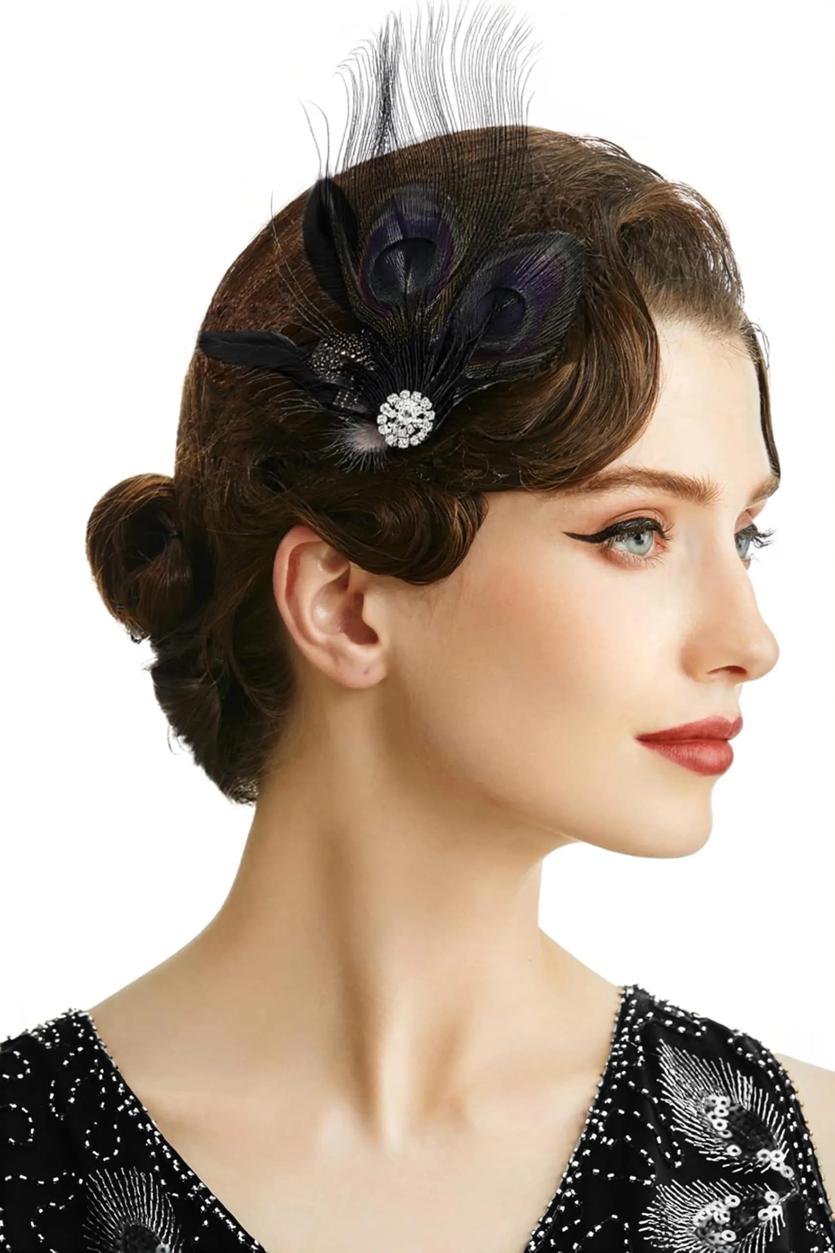 BABEYOND Peacock Feather Hair Clip with Rhinestones | 1920s Flapper Accessory for Women
