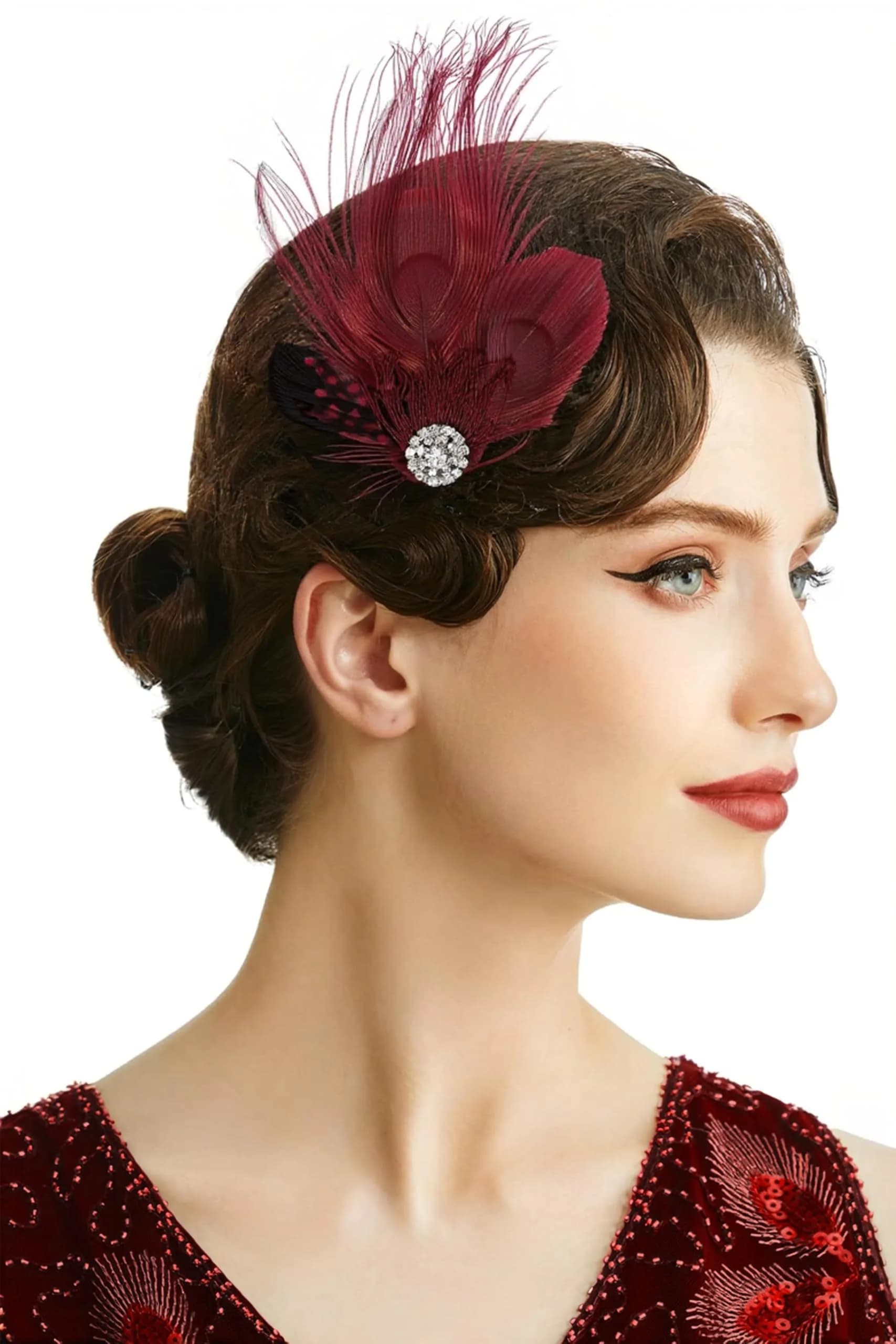 BABEYOND Peacock Feather Hair Clip with Rhinestones | 1920s Flapper Accessory for Women (One Size, Wine Red)