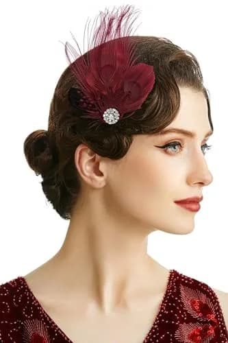 BABEYOND Peacock Feather Hair Clip with Rhinestones | 1920s Flapper Accessory for Women (One Size, Wine Red) thumbnail 1