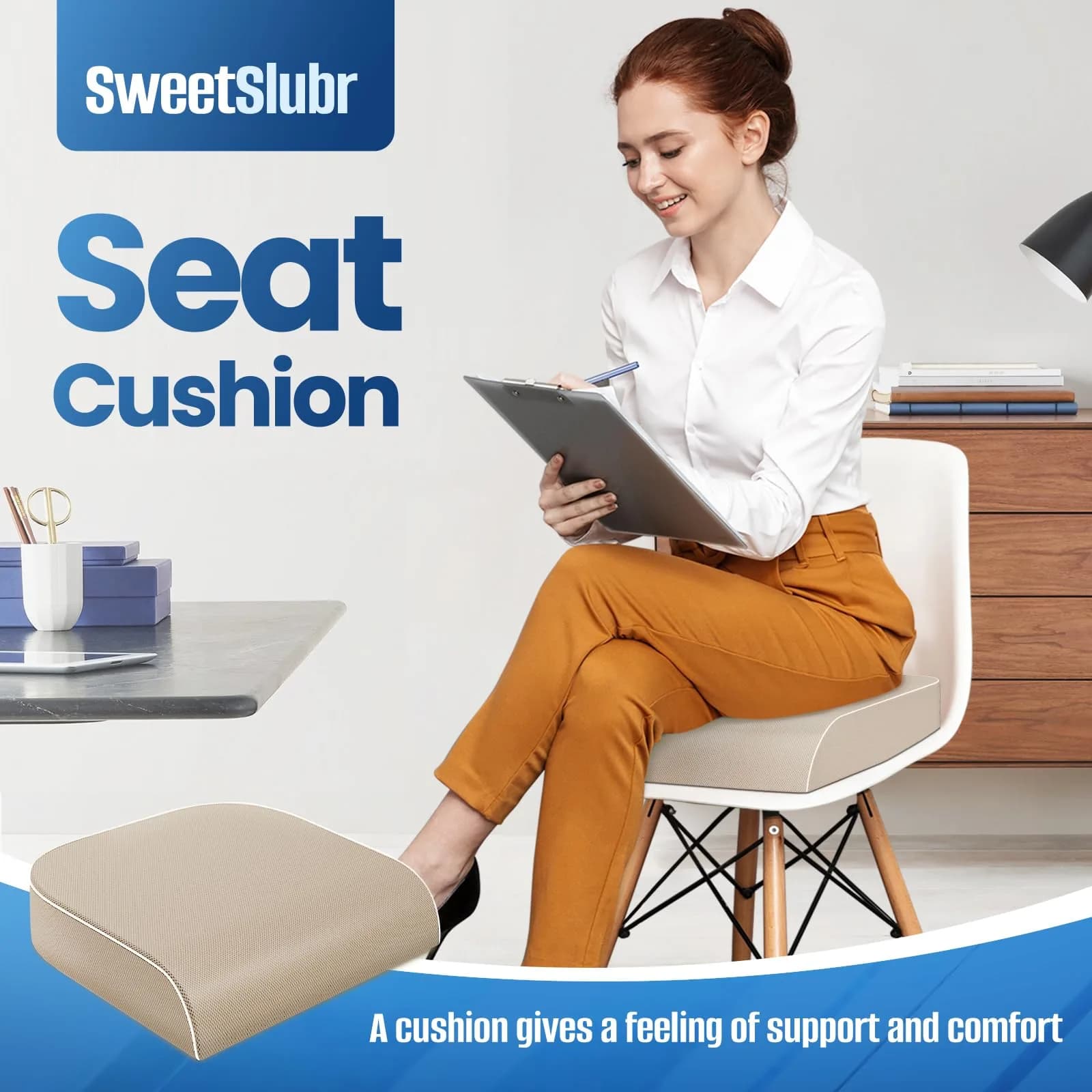 SweetSlubr X-Large Beige Memory Foam Seat Cushion | Ergonomic Tailbone Pain Relief - view 3