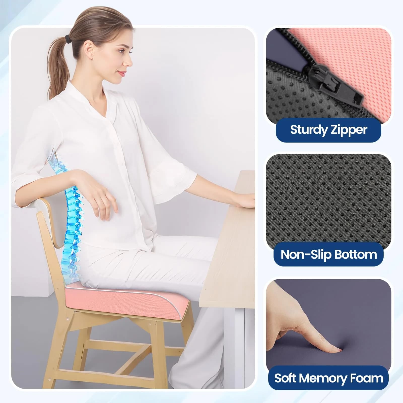 SweetSlubr Memory Foam Seat Cushion for Tailbone Pain Relief, X-Large 48cm (19"x17") Pink | Ergonomic Office Chair Pad for Comfort - view 7