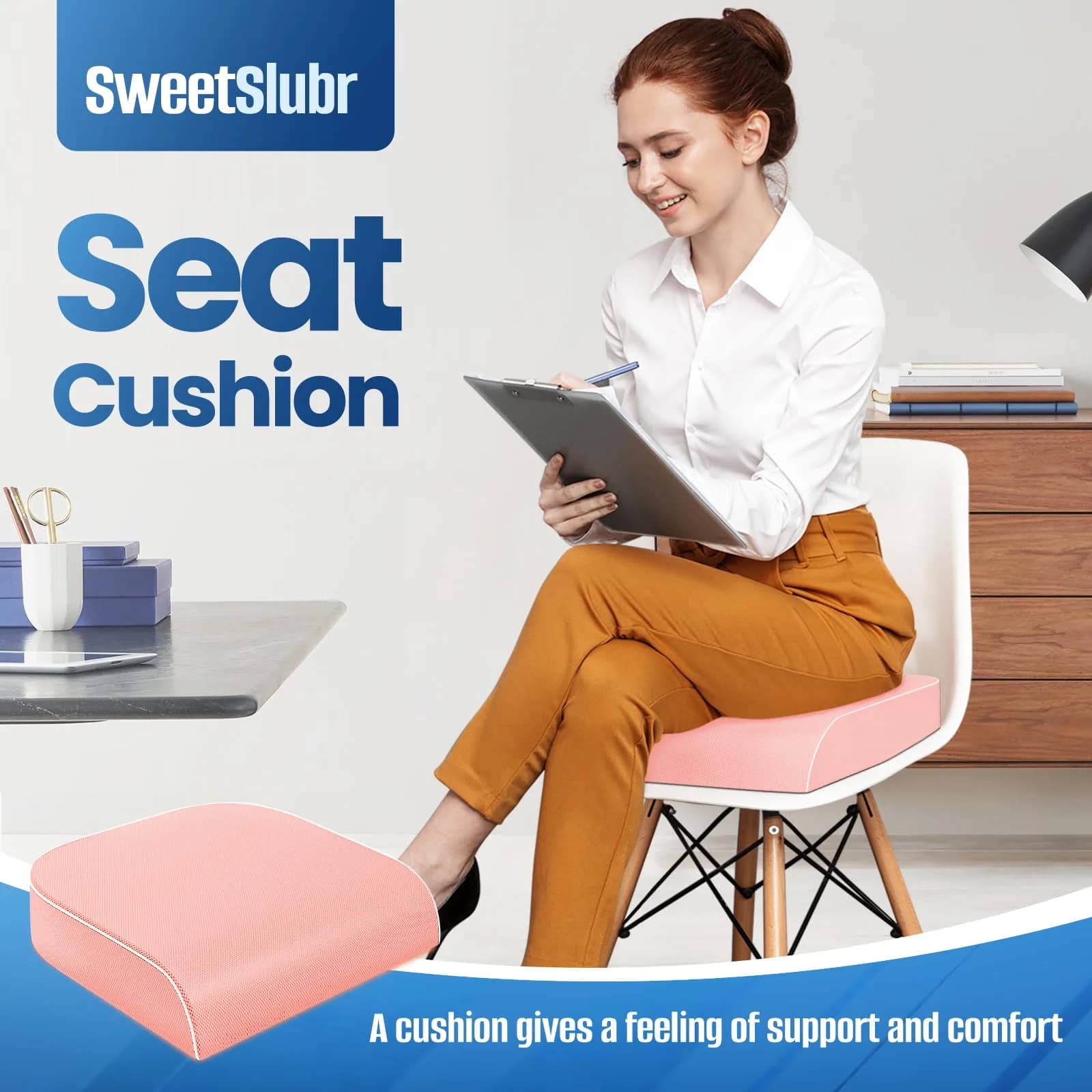 SweetSlubr Memory Foam Seat Cushion for Tailbone Pain Relief, X-Large 48cm (19"x17") Pink | Ergonomic Office Chair Pad for Comfort - view 3